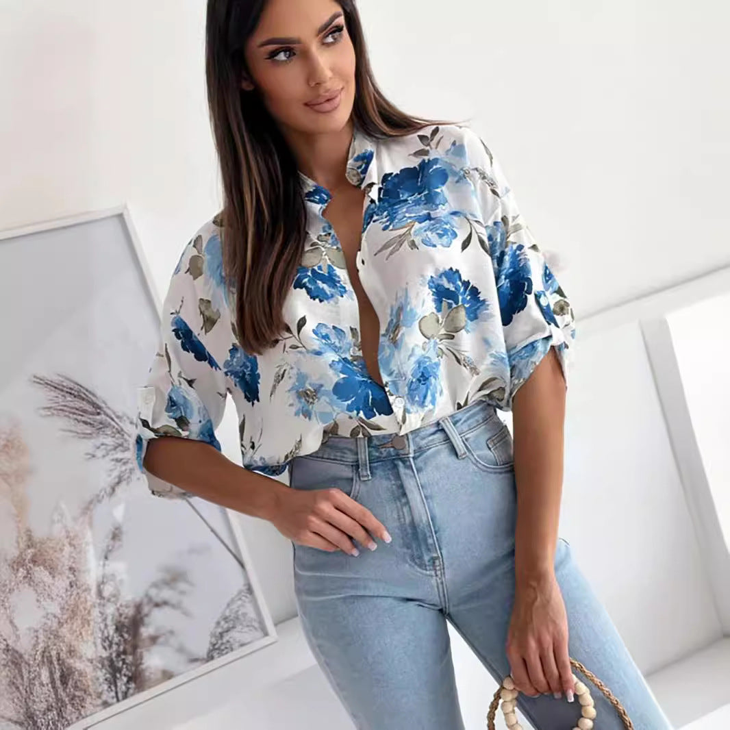 Women's Clothing Printed Single-Breasted Half Sleeve Shirt Top