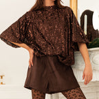 Glitter Half Turtleneck Back-Tie Top