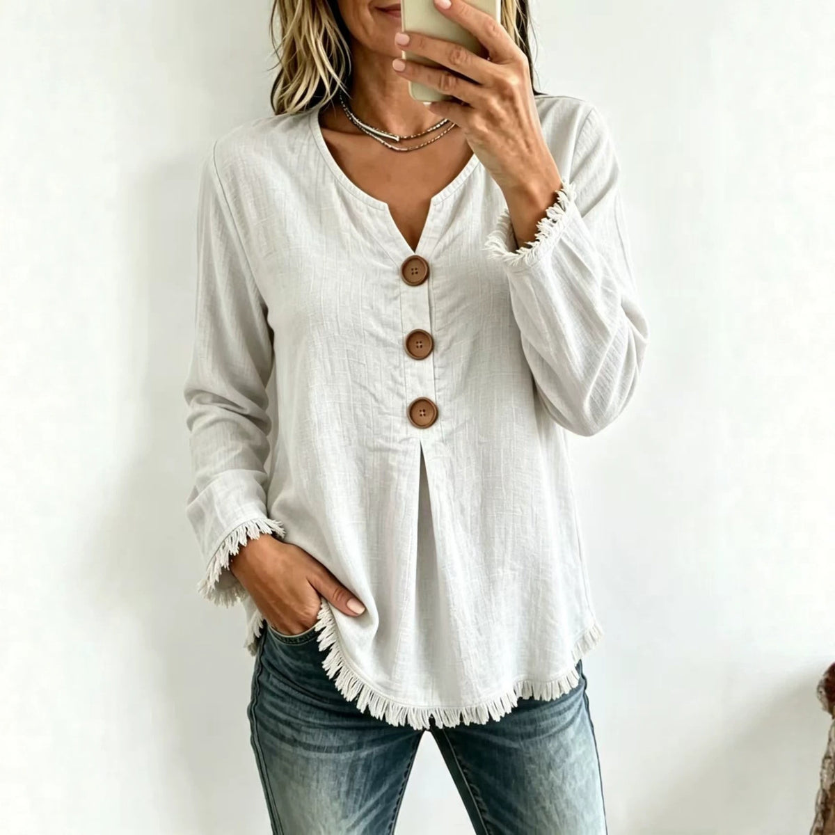 Women's Fringe V-Neck Long-Sleeve Top