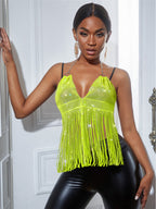 Fishnet Rhinestone Tassel Strap Vest
