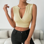 Women's V Neck T Shirt Short Cropped Sleeveless Design Blouse