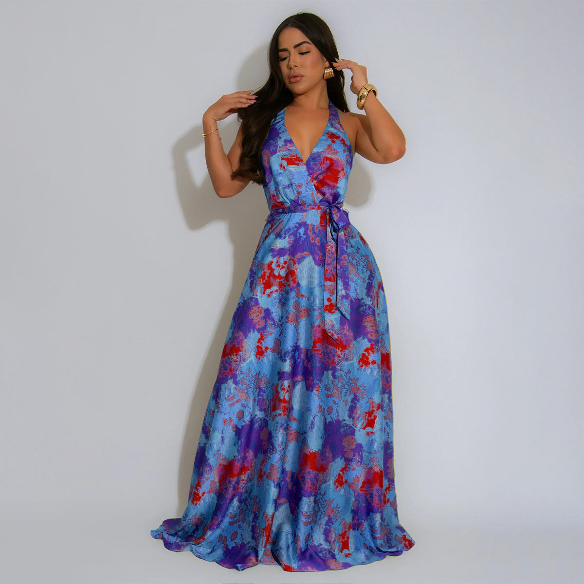 V-Neck Halter Backless Satin Printed Maxi Dress