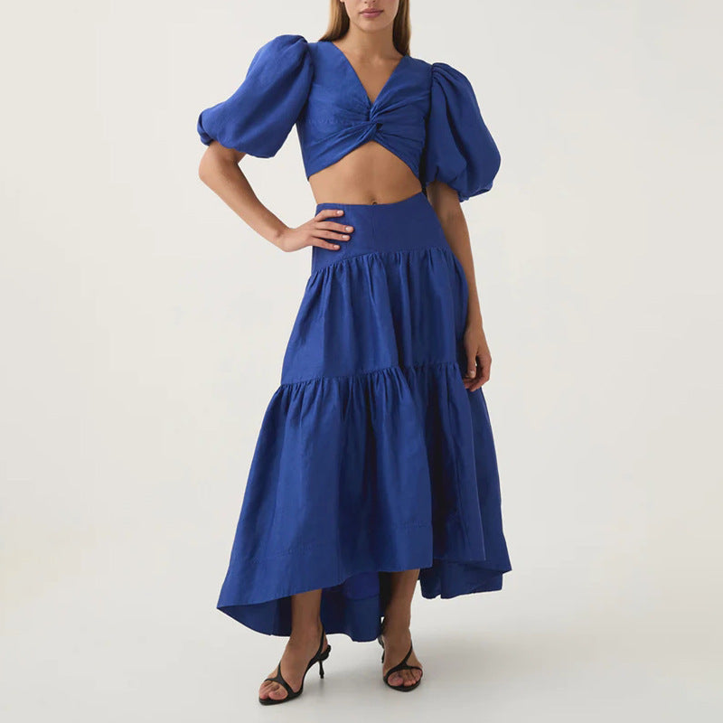 Women's V-Neck Puff-Sleeve Top & Ruffle Skirt Two-Piece Set