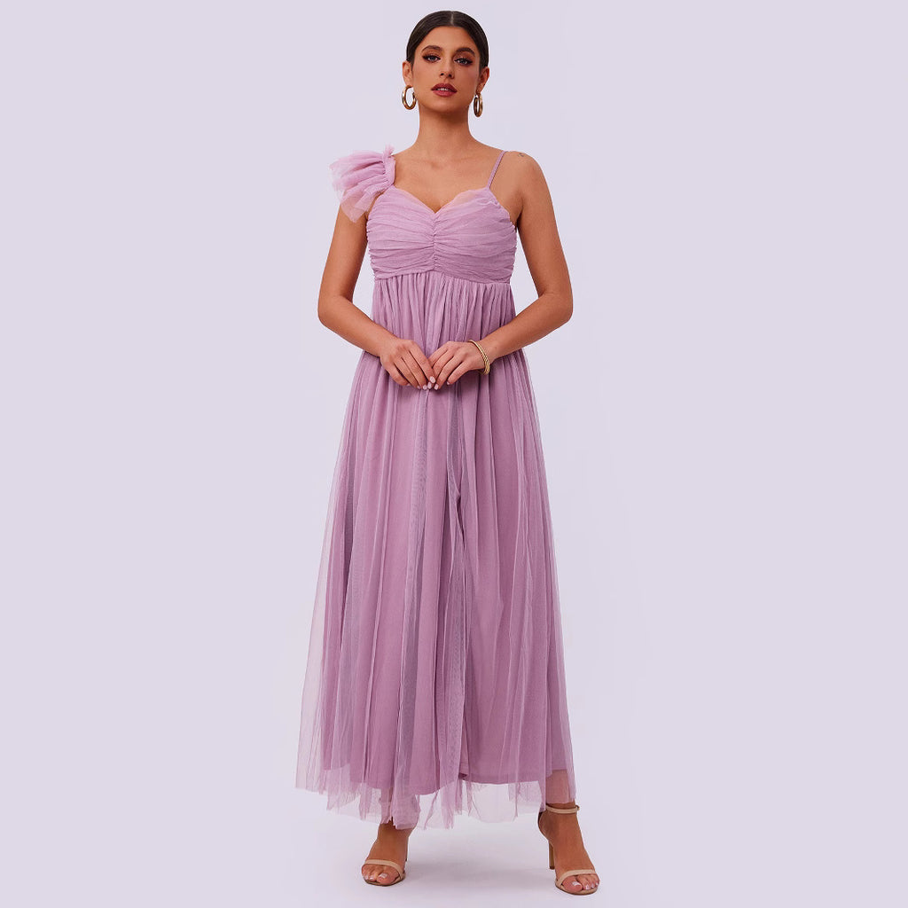 Mesh V-Neck Asymmetric Split A-Line Maxi Dress