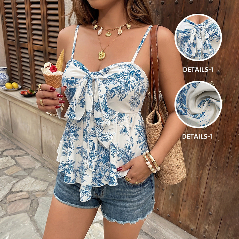 French Pastoral Floral Print Tied Spaghetti Strap Vest for