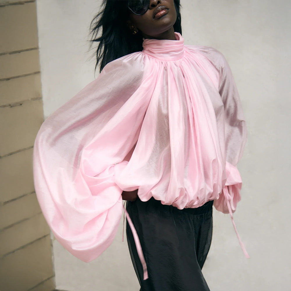Women's Semi Transparent Lantern Sleeve Pleated Bud Turtleneck Shirt