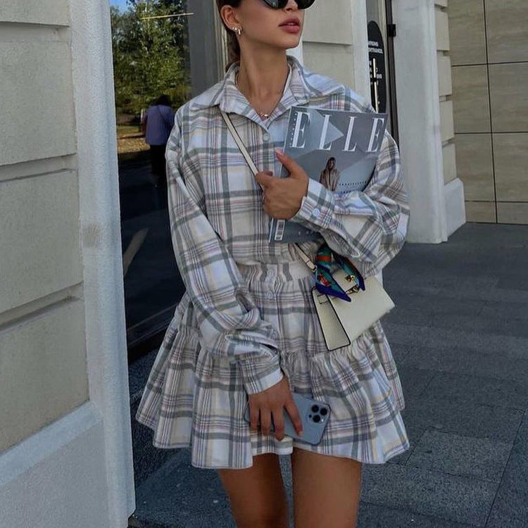 Plaid Collared Long Sleeve Shirt Nipped Waist Skirt Set