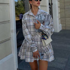 Plaid Collared Long Sleeve Shirt Nipped Waist Skirt Set
