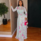 Women's Pleated Fresh Printed Office A Line Dress Round Neck Long Sleeve Waist Tight Outdoor Dress Women Clothing