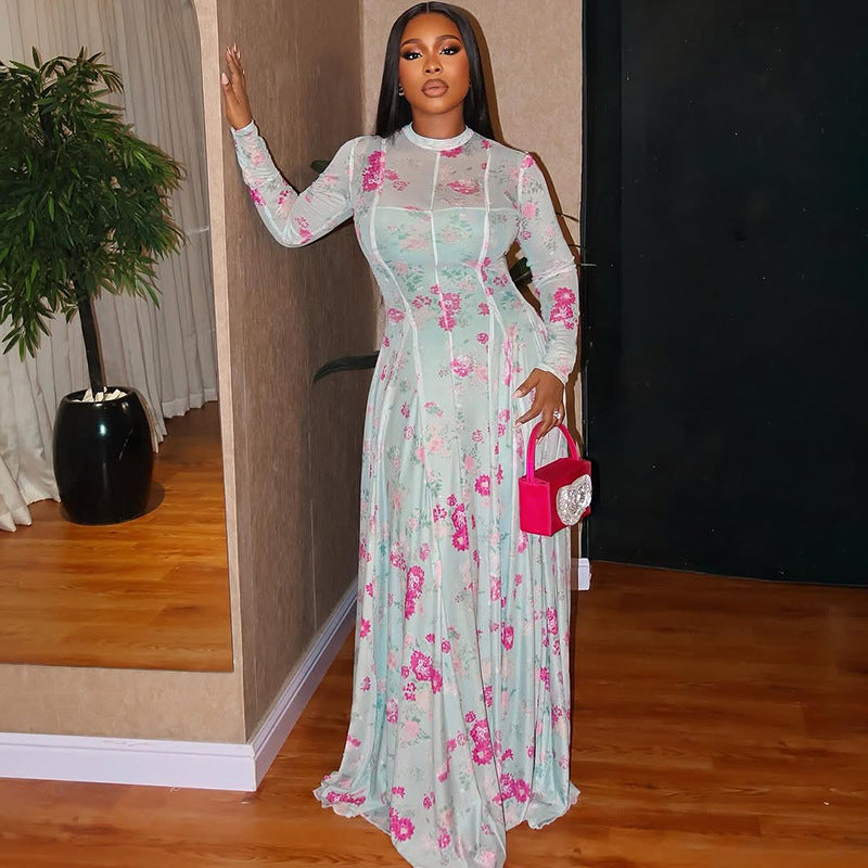 Women's Pleated Fresh Printed Office A Line Dress Round Neck Long Sleeve Waist Tight Outdoor Dress Women Clothing