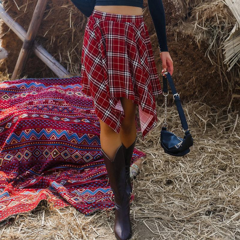 Women's Plaid Asymmetric High-Waist Midi Skirt