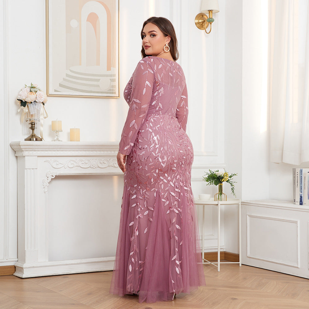 Women's Plus Size Long Sleeve Round Neck Lined Back Zip Fishtail Dress