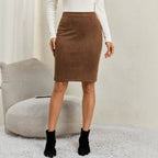 Women Autumn Suede Skirt HW Package Hip with A Zipper Midi