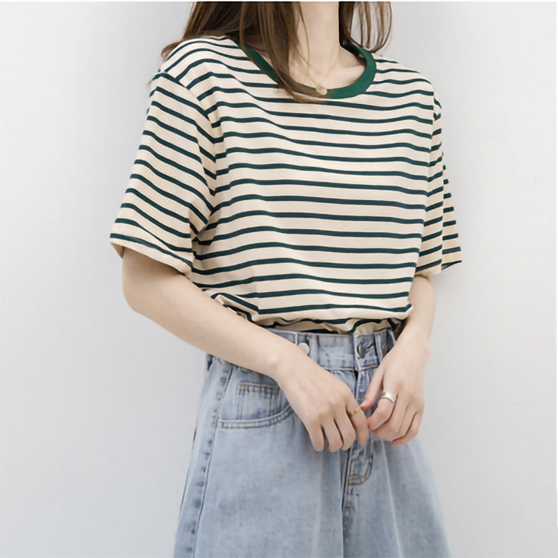 Women's Short Sleeved T Shirt Summer Thin Loose Cotton Green Striped T Shirt Women Top Clothes
