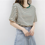 Women's Short Sleeved T Shirt Summer Thin Loose Cotton Green Striped T Shirt Women Top Clothes