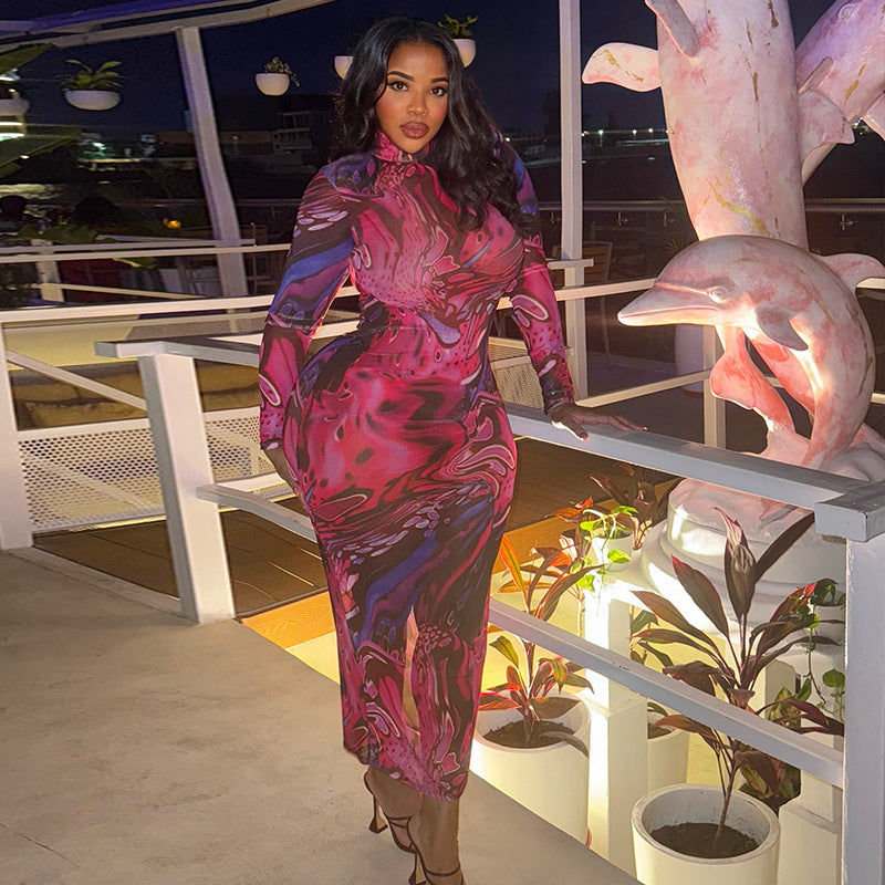 Long sleeve midi dress with marbled abstract print in pink and purple