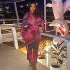 Long sleeve midi dress with marbled abstract print in pink and purple