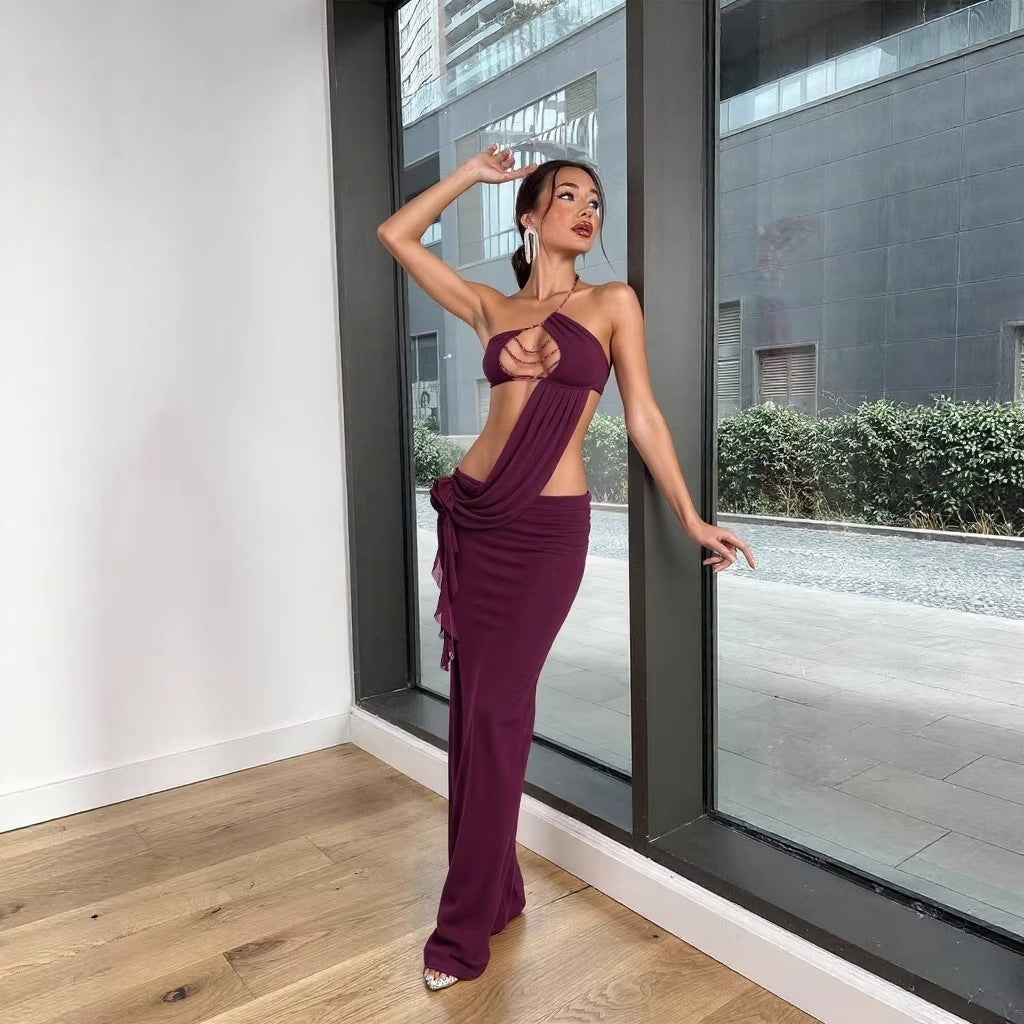 Burgundy halter maxi dress with draped side ruching and open-back straps