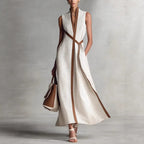Spring Women Independent Stand Contrast Color Sleeveless Stand Collar Cotton Linen Jumpsuit