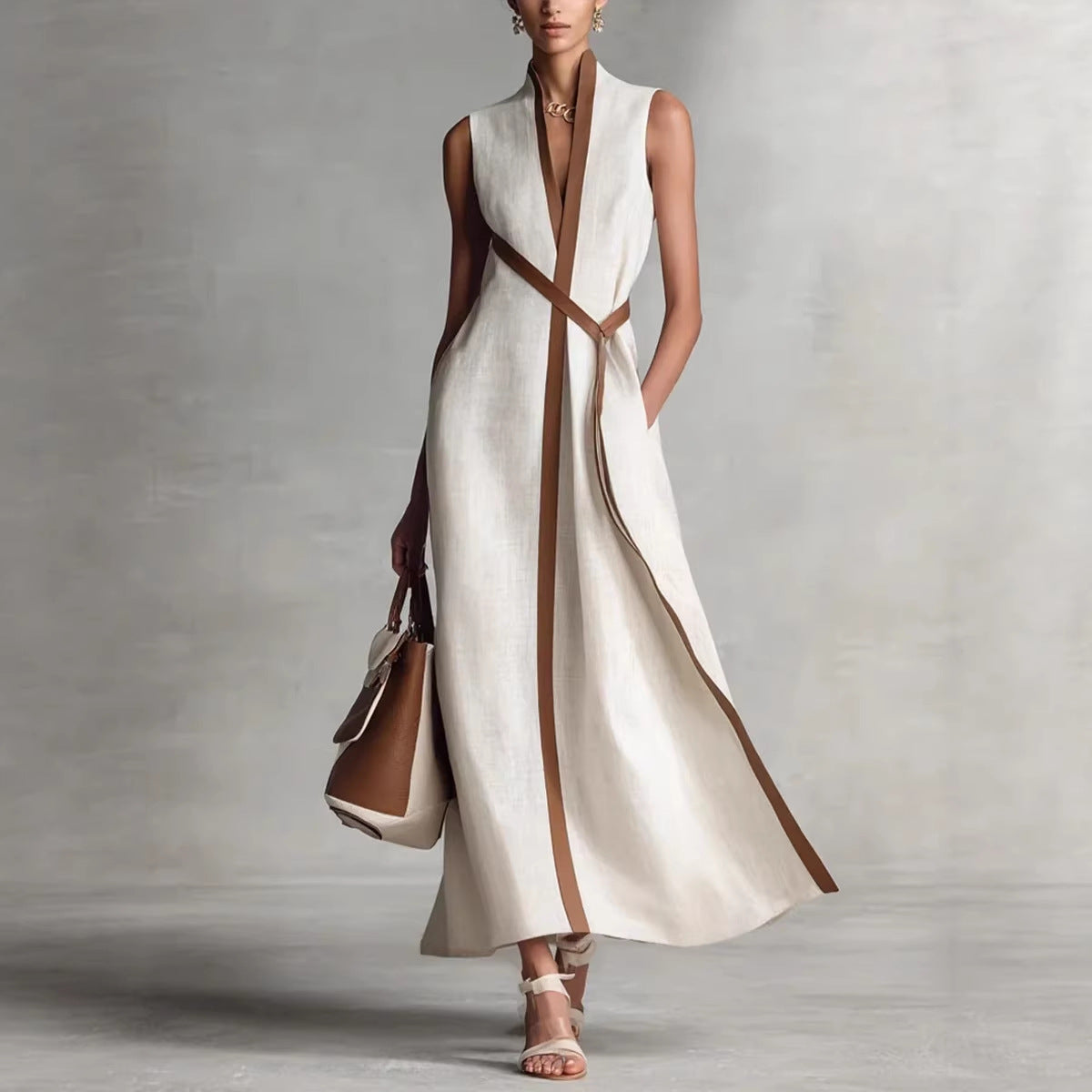 Spring Women Independent Stand Contrast Color Sleeveless Stand Collar Cotton Linen Jumpsuit