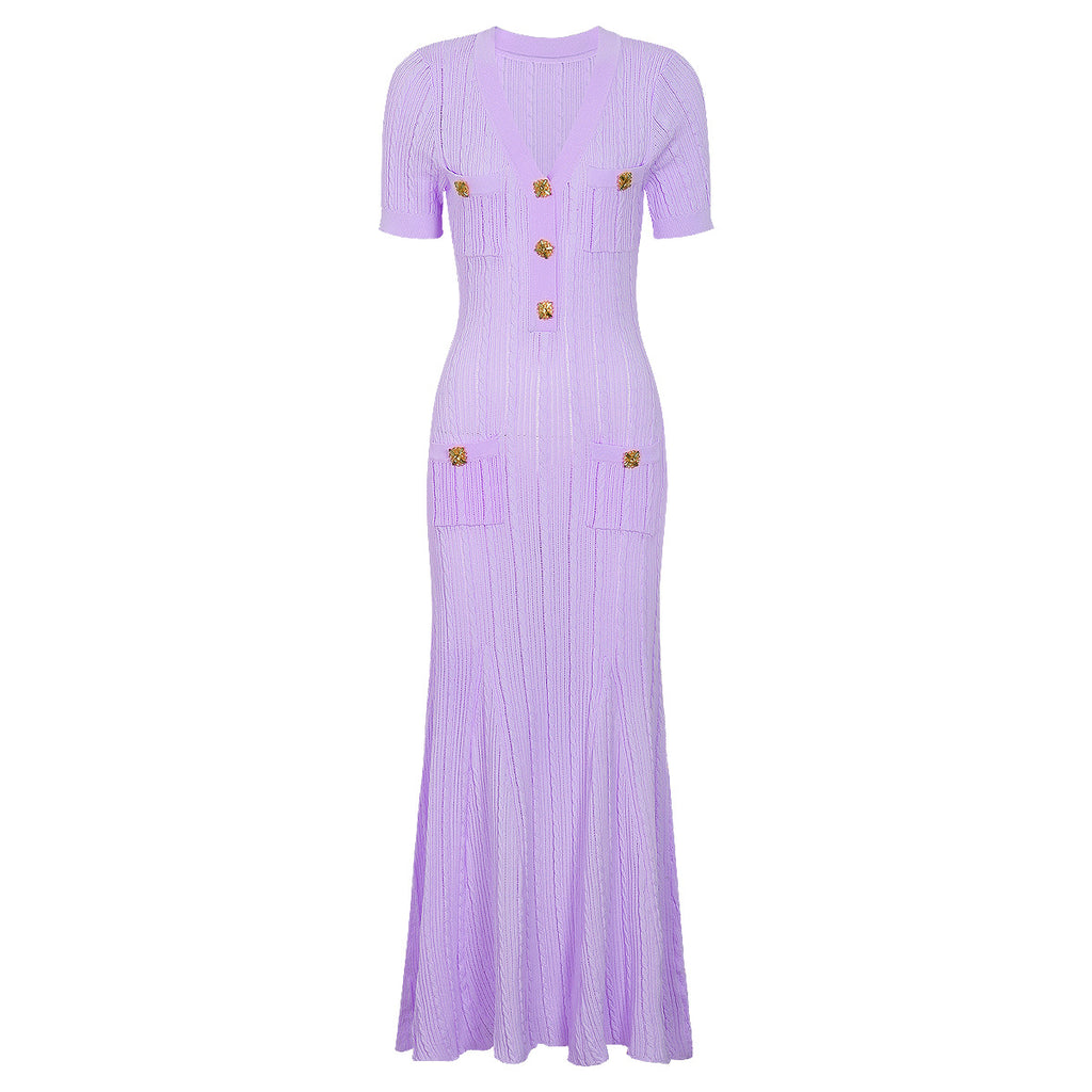 Purple maxi short sleeve dress with ribbed texture, decorative button accents and patch pockets