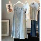 Light Blue Rough Edges Denim Skirt Women Summer Retro HW