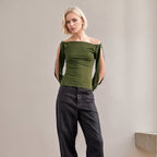 Women's off Shoulder Long Sleeve Hollow Out Cutout out Twist Cuff Design Knitted Slim Top