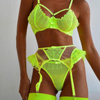 Sexy Lingerie Summer Classic Lace Stitching Fluorescent Color Sexy Three Piece Suit