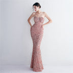 Women's Bottom Sequin Strappy Party Sequin Dress Long Banquet Slim Fit