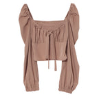 Women's Lace Up Bow Square Collar Long Sleeve Shirt Short Off The Shoulder Top