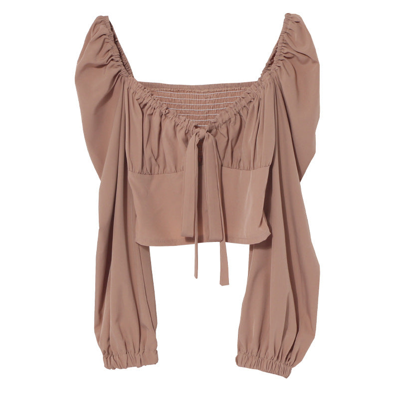 Women's Lace Up Bow Square Collar Long Sleeve Shirt Short Off The Shoulder Top