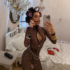 Leopard Print Stand Collar Bodysuit for Women