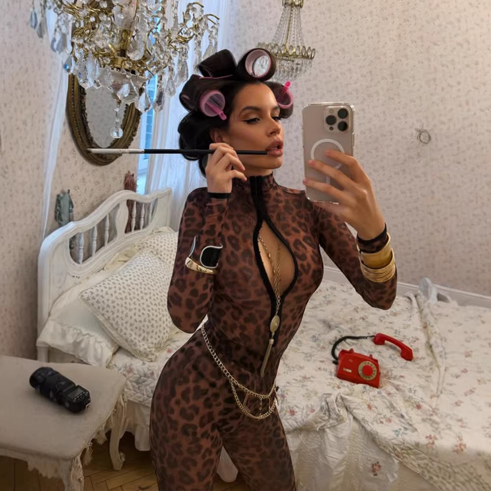 Leopard Print Stand Collar Bodysuit for Women