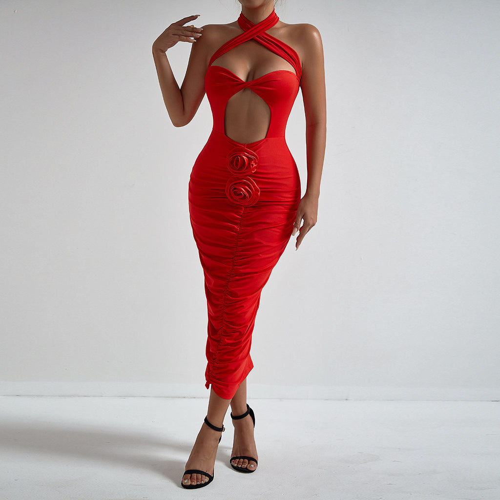 Fashionable Floral Cross Halter Hollow Out Cutout Chest Dress