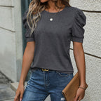 Women’s Dark Gray Puff Sleeve Crew Neck Top