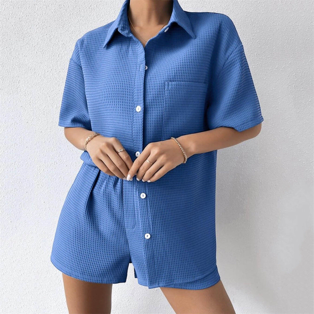 Women's Summer Suit Loose Casual Short-Sleeve Shirt Elastic Waist Shorts Two-Piece Set