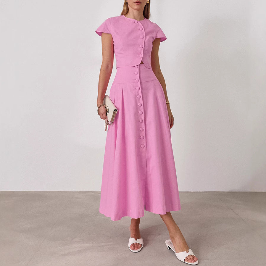 Women's Pink Cotton V-Neck Two-Piece Skirt Set