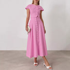Women's Pink Cotton V-Neck Two-Piece Skirt Set