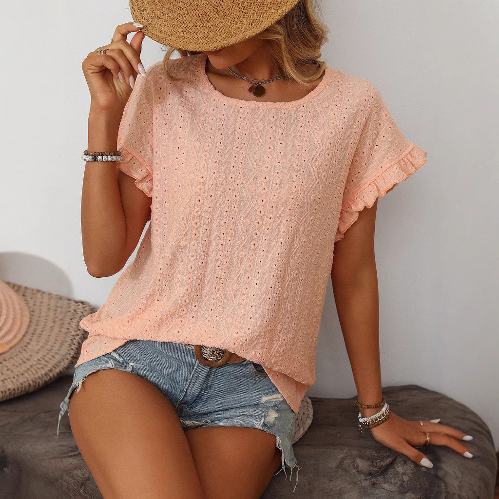 Women's Round Neck Sweet Girl Short Sleeve T-Shirt Hollow Out Cutout