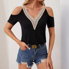 Women's Lace V-Neck Applique Short Sleeve Top