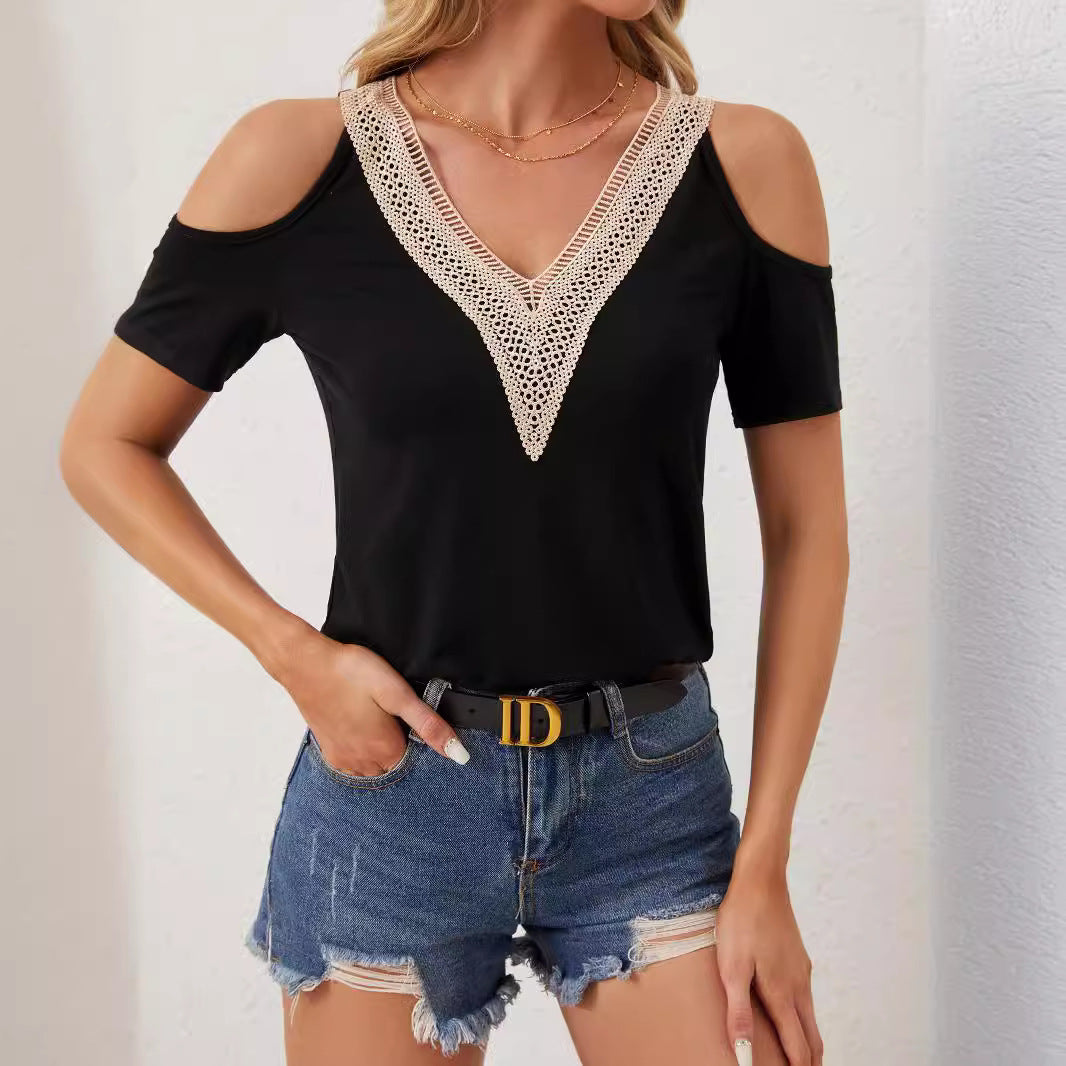 Women's Lace V-Neck Applique Short Sleeve Top