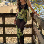 Women's printed three-piece dress in black with green floral bodycon maxi cut