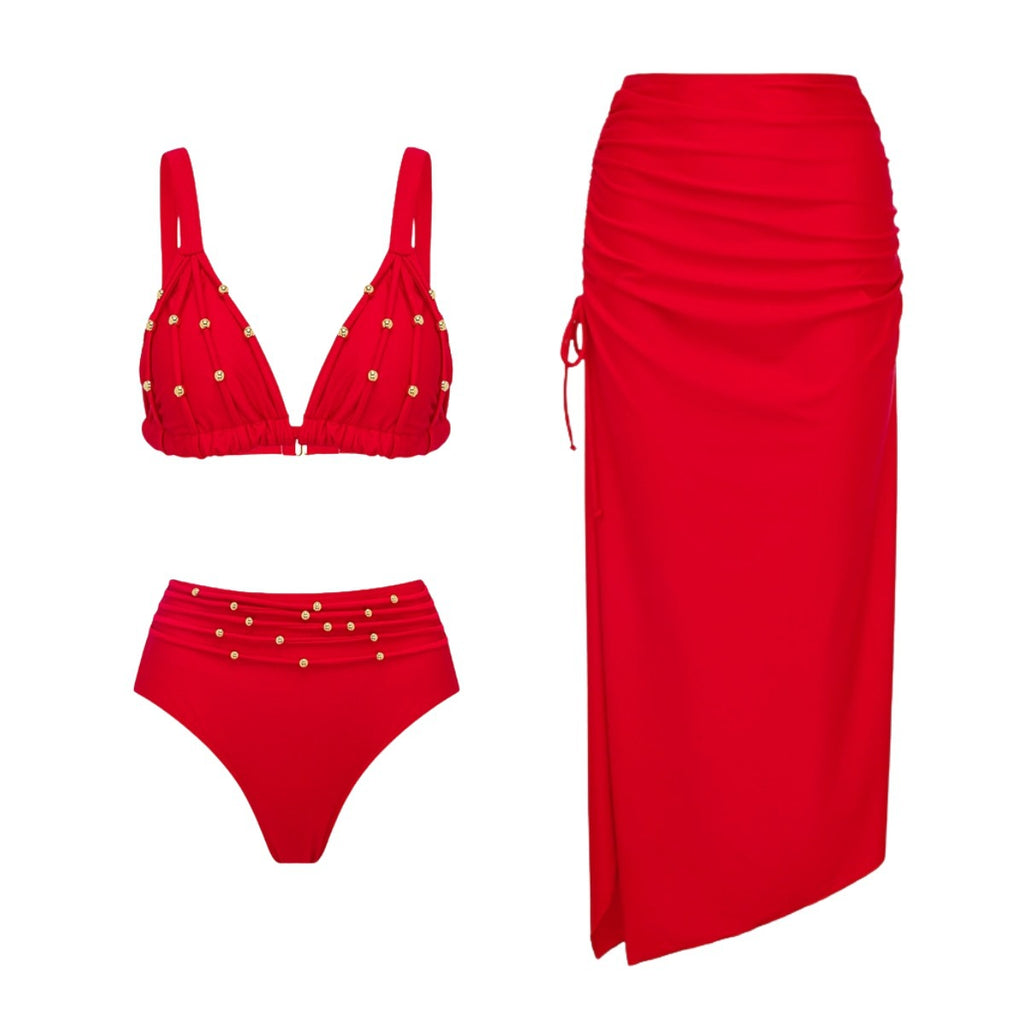 Women's Triangle Ruched Beaded Bikini Set