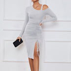 Women's Design Irregular Asymmetric Off Shoulder Dress Sexy Waist Trimming Pleating Hip Dress For Women