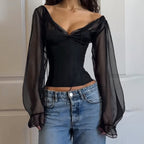 Women's Clothing Palace Sexy V Neck Pleated T Shirt Chiffon Tight Waist Slim Fit Puff Sleeve Top Autumn