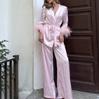 Design Stitching Feather Long Sleeve Lace up Cardigan High Waist Wide Leg Pants Two Piece Set