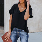 Women's Summer Casual Loose Simple Solid Color Short Sleeve Chicken Hearts V Neck T Shirt Short Top For Women