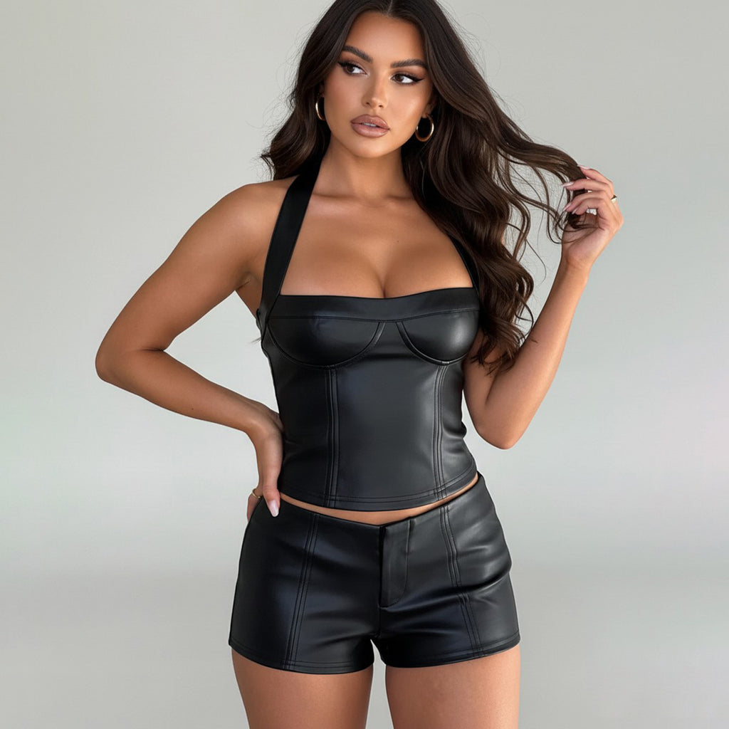 's Street Leather Vest Solid Color Trendy Low Cut Halter