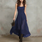 Sleeveless summer dress, spaghetti straps, dark navy-blue, flowy gathered skirt