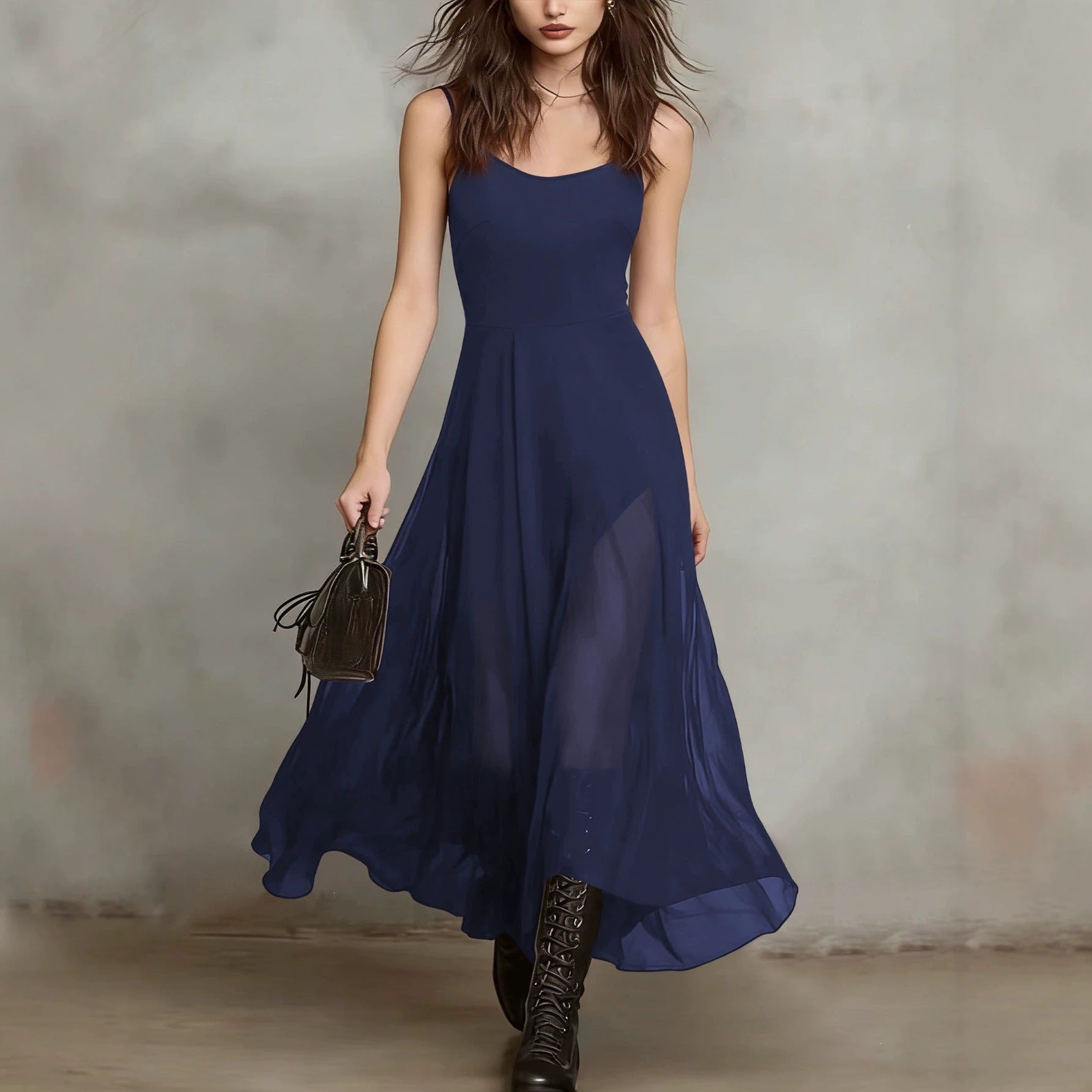 Sleeveless summer dress, spaghetti straps, dark navy-blue, flowy gathered skirt